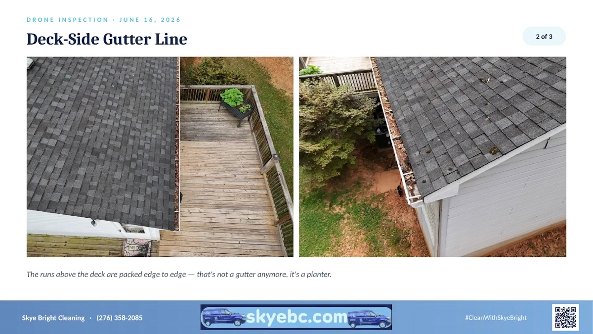 Drone before and after photo of gutter cleaning by Skye Bright Cleaning in Martinsville VA — packed leaves vs. spotless gutter